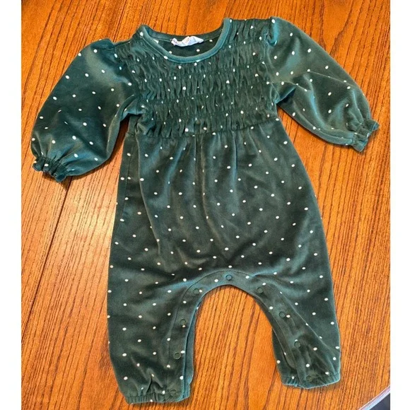Jessica Simpson Baby Romper Velour Smocked‎ Green Polka Dot 3-6M