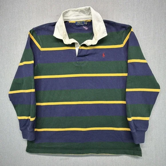 Polo Ralph Lauren Men's XXL Rugby Polo Shirt Striped Blue Green BLEACH