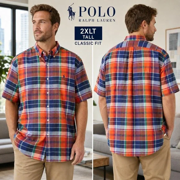 Polo Ralph Lauren Mens 2XLT Tall Classic Plaid Short Sleeve Button Down Shirt