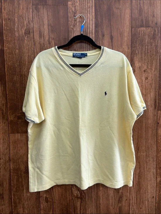 Polo by Ralph Lauren Pale Yellow V-Neck Polo Shirt with Navy Trim