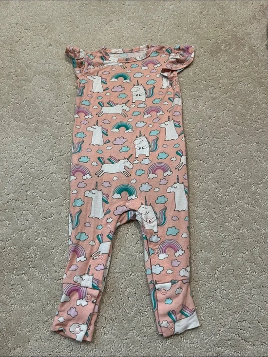 Posh Peanut Ruffled Jumpsuit Size 9-12 Month “Pink Olive Unicorn”