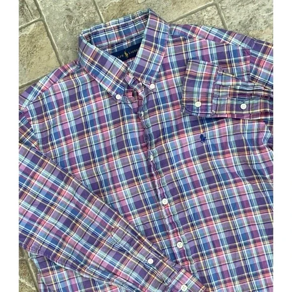 Polo Ralph Lauren Mens Long Sleeve Plaid Button Down Large Pink Purple‎
