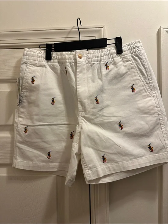 Polo by Ralph Lauren White Cotton Shorts with Multicolor Polo Player Embroidery