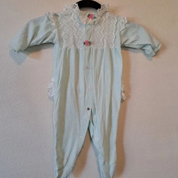 Vintage Trimfit Sleep & Play Mint Green Lace Floral Footie Sleeper USA Large