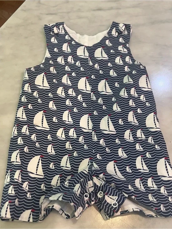 Delaney Red white and blue Sailboat Print Baby Romper Jon Jon 18M.