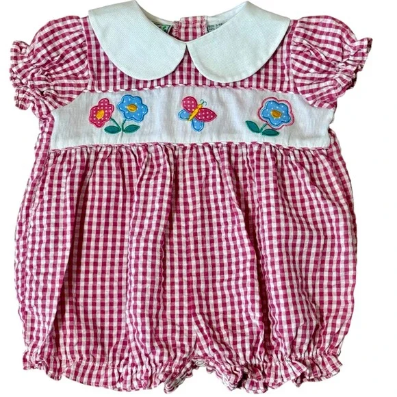 Good Kidz Pink Gingham Bubble Romper Floral‎ Butterfly 3-6M Peter Pan Collar