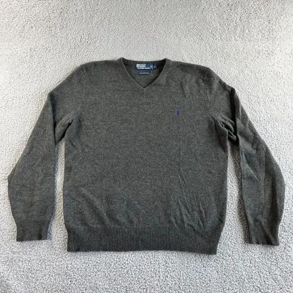 Ralph Lauren Polo Sweater Mens Large Gray Italian Yarn Lambs Wool V Neck READ‎