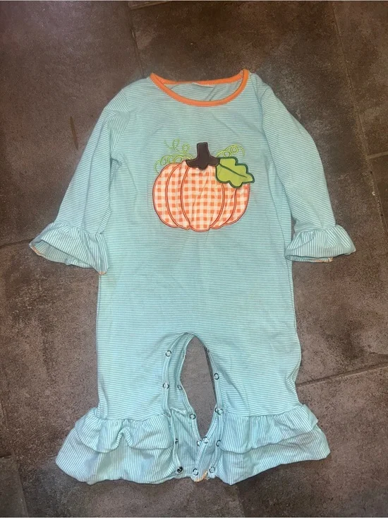 Striped Aqua Baby Romper with Pumpkin Applique