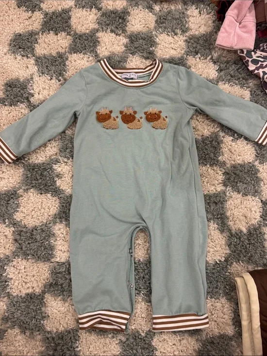 Kids Sage Green One-Piece Romper with Cow Appliqué