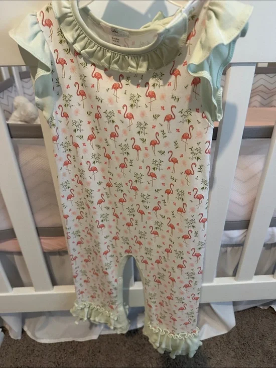 Baby Girls Flamingo Print One-Piece Romper - Mint Trim