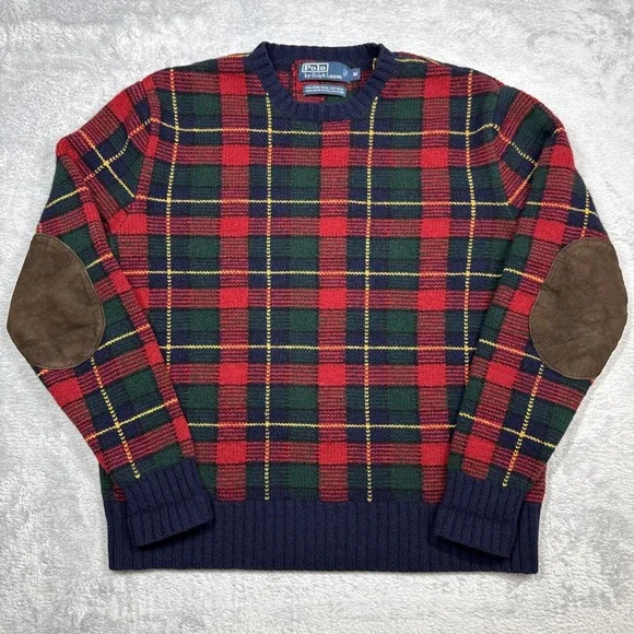 Vintage Polo Ralph Lauren Sweater Men M Red Plaid Wool Elbow Patches