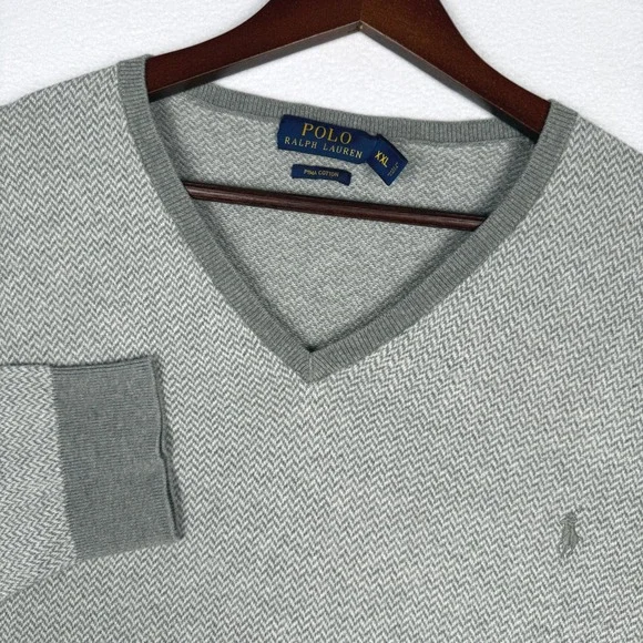 Polo Ralph Lauren Sweater Mens XXL Gray Pima Cotton V-Neck Herringbone Knit