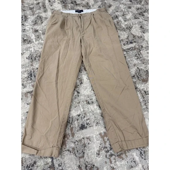 Polo Ralph Lauren Hammond Pant Mens 36x32 Tan Khaki Pleated Cuffed Cotton Chinos
