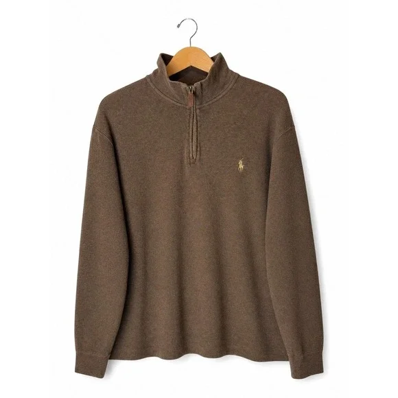 Polo‎ Ralph Lauren Quarter Zip Pullover Men XL Brown Cotton Preppy Logo Academia
