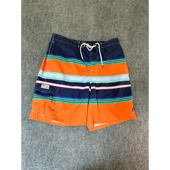 Polo Ralph Lauren Mens Orange Blue Striped Kailua Swim Trunks Shorts Size XL