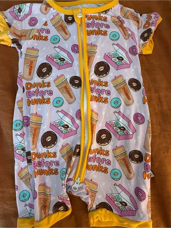 Bamboo Dunks Before Hunks Infant Romper with Donut & Coffee Print