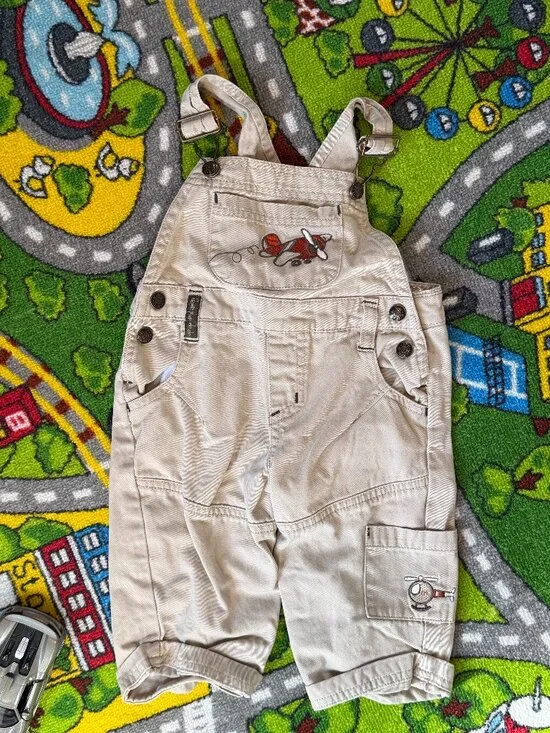 Vintage Kru Little Airplane Embroidered Beige Overalls, Size 6-9 Month Cotton