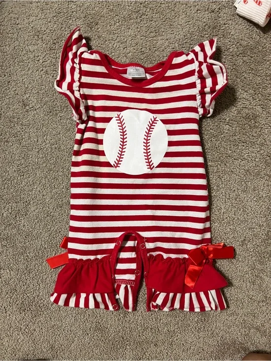 Red & White Striped Baby Romper with Baseball Graphic