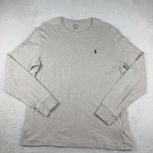 Polo Ralph Lauren Mens Long Sleeve T-Shirt‎ Oatmeal Beige Heather Cotton Pony M