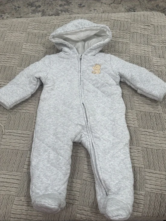 Little Me Light Gray Quilted Hooded Baby One-Piece with Bear Patch