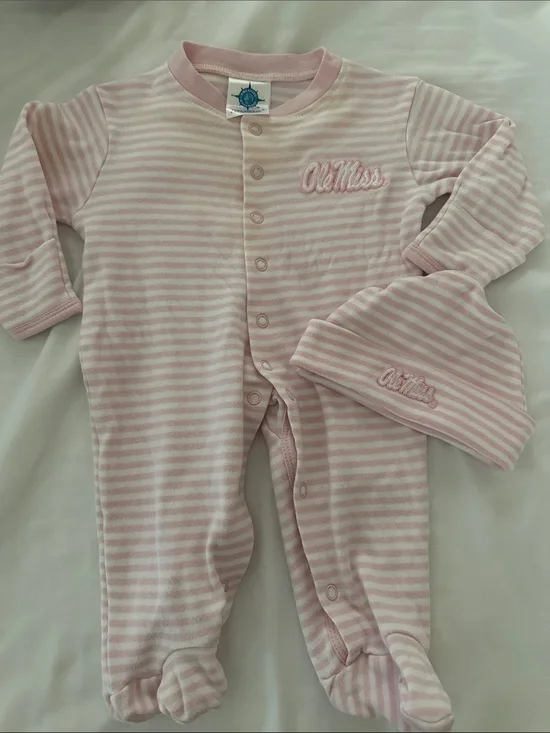 Ole Miss Pink Striped Baby Footie with Matching Hat
