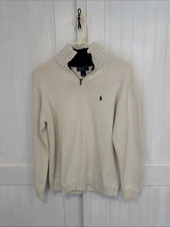 Polo by Ralph Lauren Cream 1/4 zip, 100% Cotton Sweater with Navy Logo size M