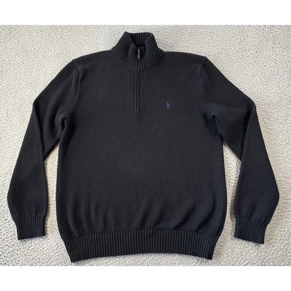 Polo Ralph Lauren Sweater Mens Medium Black 1/4 Zip Knit Cotton Purple Pony‎ Y2K