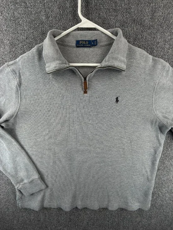 Polo Ralph Lauren Light Gray Pullover Cotton 1/4 Zip Sweater Men Large Knit Pony