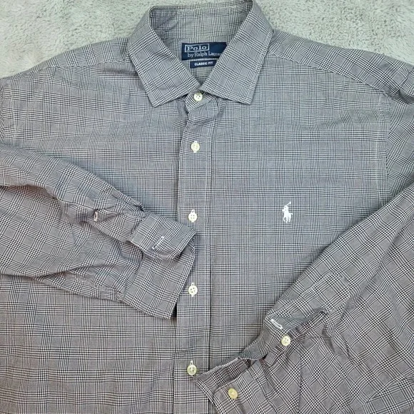Polo Ralph Lauren Button Down Shirt Mens XL Classic Fit Glen Plaid Black White