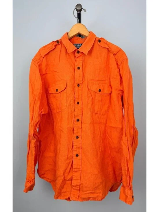 Vintage Polo By Ralph Lauren Orange Linen Button-Up Shirt Mens XL Epaulettes