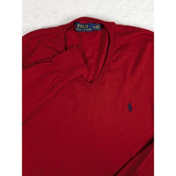 Polo Ralph Lauren‎ Mens Red V Neck Long Sleeve Merino Wool Sweater XL READ
