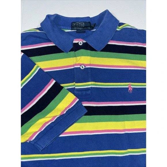Vintage Polo Ralph Lauren Multi-Color‎ Striped Cotton Polo Shirt Mens Large