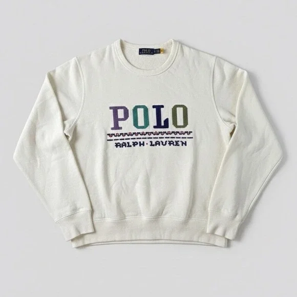 Polo‎ Ralph Lauren Crewneck Sweatshirt Cream Embroidered Logo Size XL Stitch
