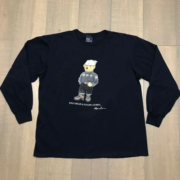 Vintage 90s Polo Bear Ralph Lauren Mens Size L Navy Blue Long Sleeve Fair Isle