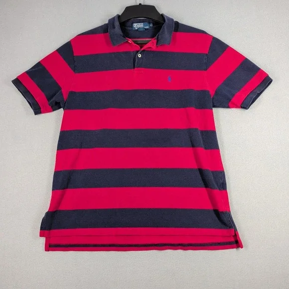Polo Ralph Lauren Polo Shirt‎ Mens XL Red Navy Blue Striped Cotton Short Sleeve