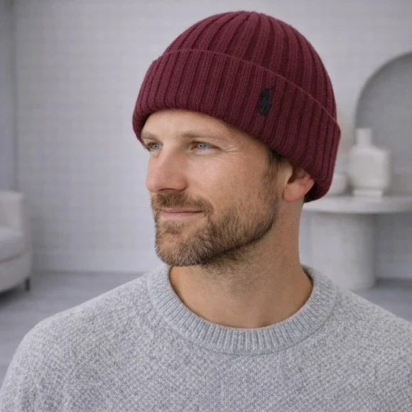 POLO RALPH LAUREN New Burgundy/‎ Wine Rib Knit Wool Blend Beanie Hat One Size