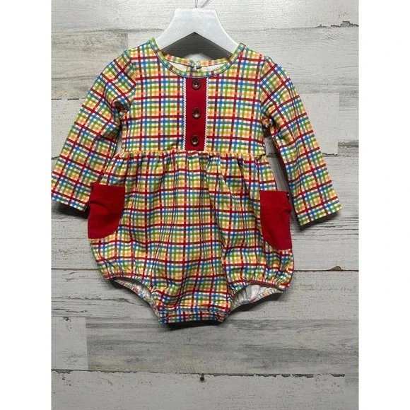 Swoon Baby Romper Girls 12M Rainbow Plaid Long Sleeve Bubble‎ NWT