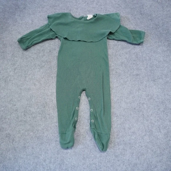 Kate Quinn Forest Green Ruffle Collar Footie Romper Organic Cotton 6-9 Months