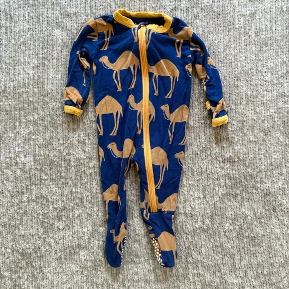 KicKee Pants Bamboo‎ Footed Coverall NB Blue Camel Print Zipper Pajamas