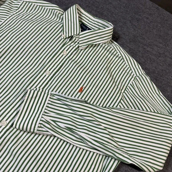 VTG Polo Ralph Lauren Classic Fit Shirt Men's L Green Striped Orange Pony 90s