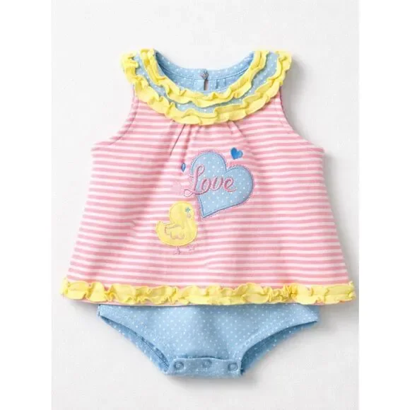 Duck Duck Goose dress with attached bodysuit pink and white with appliqué NWT