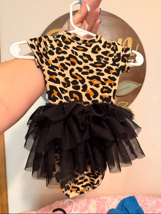 Posh Peanut LanaLeopard Print Tulle Tutu One-Piece bodysuit - Black, Tan, Orange
