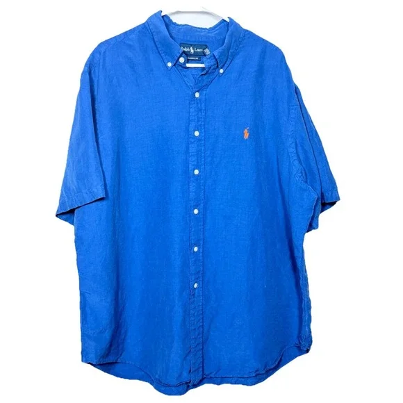 Ralph Lauren Linen Silk Camp Shirt Blue Classic Fit Button Down Mens XXL‎