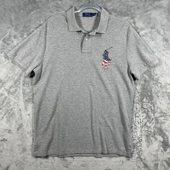 Polo Ralph Lauren Gray Short Sleeve Polo Shirt American‎ Big Pony Size Mens L