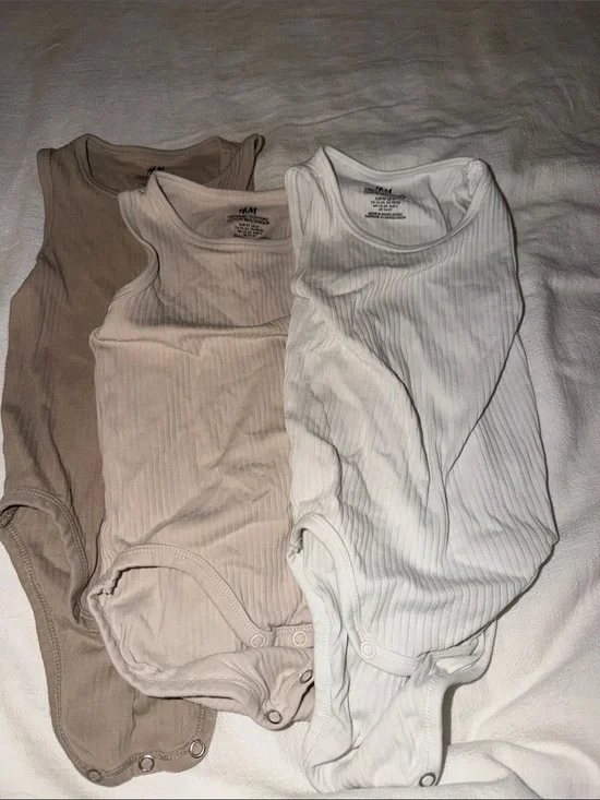 Set of 3 Ribbed Bodysuits in White, Beige, Taupe