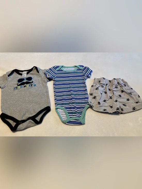 Baby Boys' Grey and Blue One-Piece Bodysuits Set - 2 Pack with Elephant Shorts