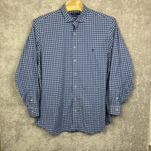 Polo Ralph‎ Lauren Performance Shirt Men 3XLT Tall Blue Check Long Sleeve Preppy
