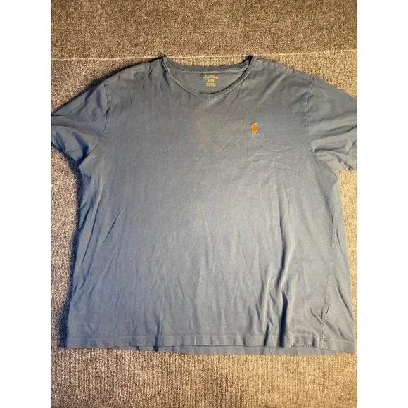 Polo Ralph Lauren Tee Shirt Mens XL Blue Solid Relaxed Fit Rib V Neck‎ Pony Logo