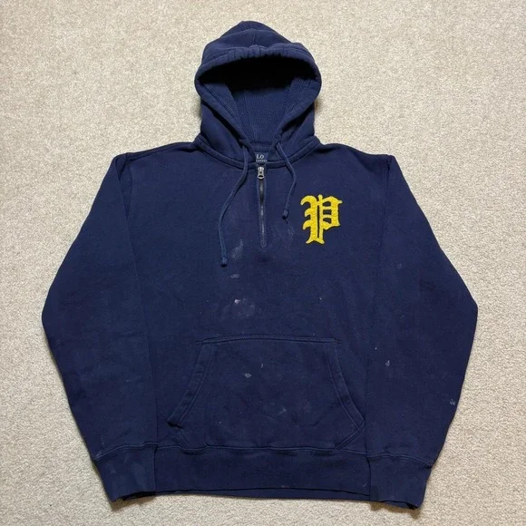 Polo Ralph Lauren Hoodie Sweatshirt Mens Medium Blue Varsity‎ P Logo 1/4 Zip
