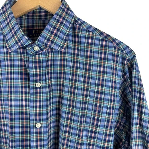 Polo Ralph Lauren Button Men Large Blue Multi Plaid Cotton Long Sleeve Shirt